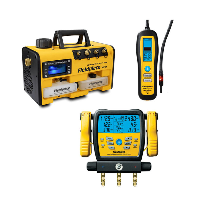 Fieldpiece R32 Compliant Kit - VP67 A2L vacuum pump, SM382V digital manifold and DR58 heated diode leak detector