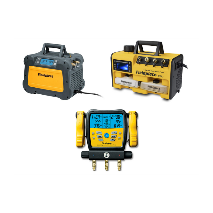 Fieldpiece Refrigerant Recovery Kit (RRK) - VP67 A2L vacuum pump, SM382V digital manifold and MR45 recovery machine