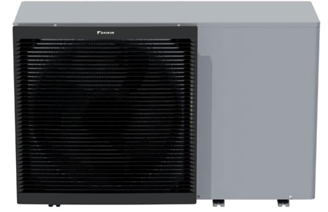Daikin Altherma Mono-Bloc EBLA11DA3 outdoor air-to-water heat pump unit with black fan grille and light grey side panel, shown on a white background.