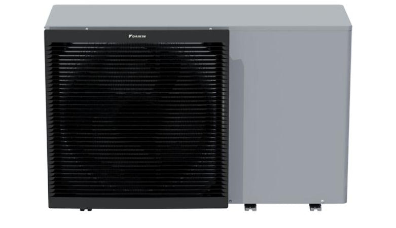 Daikin Altherma Mono-Bloc EBLA09DA3 outdoor air-to-water heat pump unit with black fan grille and light grey side panel, shown on a white background.